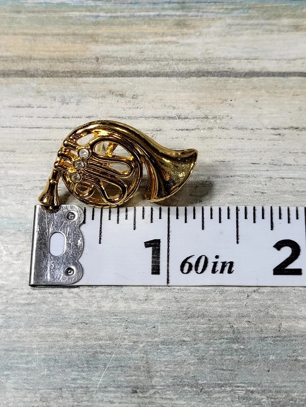 Gold French Horn Brooch Pin with Clear Crystals